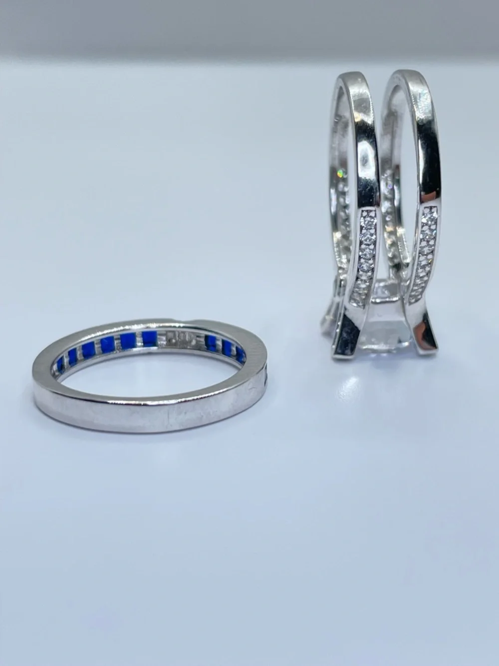 925 Sterling Silver Diamond Sapphire Bridal Wedding Ring Guard Set 5